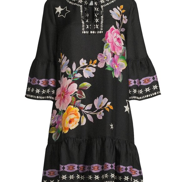 Johnny Was Black Floral Tunic with Pink and White Accents - Picture 1 of 6